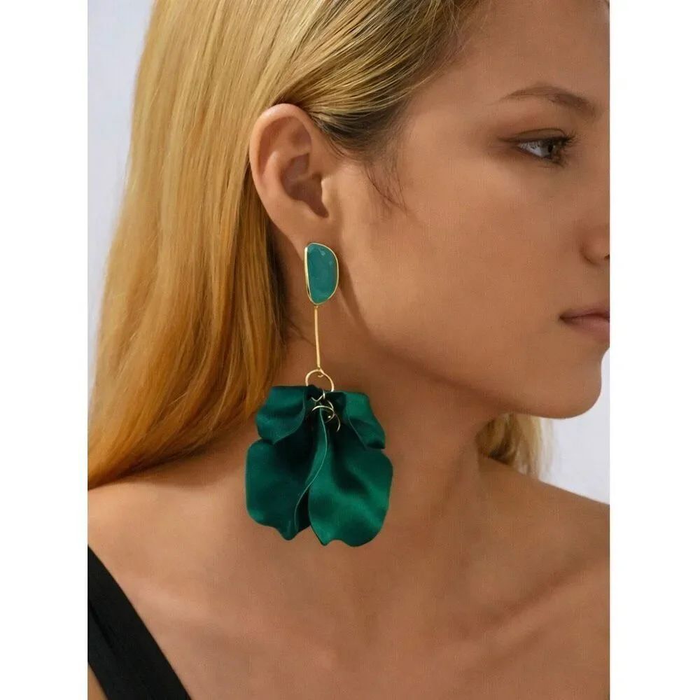 Zara Green Statement Flower Drop Earrings Oversized Petal Dangle Earrings